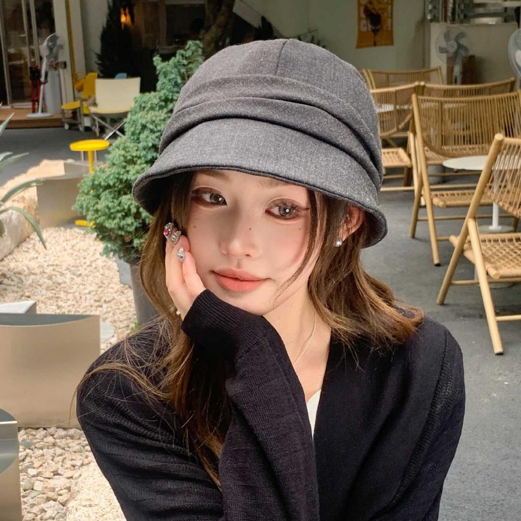 Small octagonal bucket hat for women, warm in autumn and winter, plain face mask, elegant and versatile sun hat