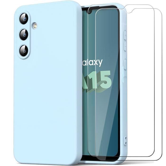 Coque et 2 Verres Trempés pour Samsung Galaxy A15 4G-5G, Protection Ultra Slim Antichoc Anti-Rayures Bleu Ciel