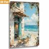 2D Flat, 1pc Metal Sign, Bohemian Style Beach Cafe Tin Plate Painting, Blue And White Contrast, Romantic Leisure. Classic Wall-Mounted Decoration, Sui