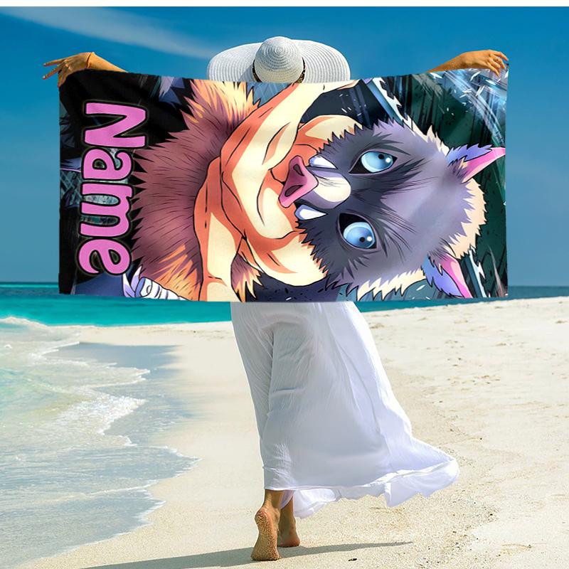 Personalized customized proof beach towel with Demon Slayer characters pattern - soft, absorbent, quick-drying, perfect swimming, camping&bathing