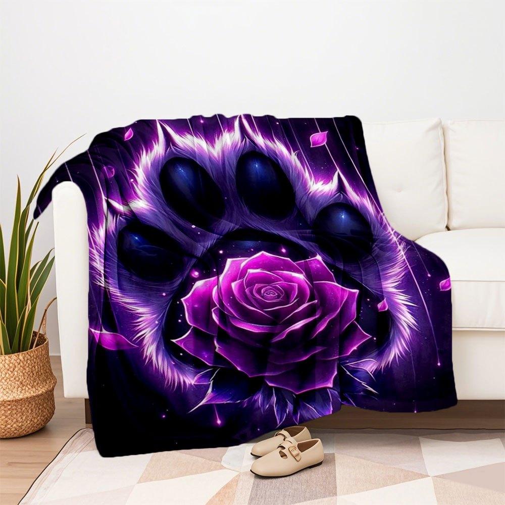 Purple Rose Paw Print Wall Art DecorBlanket Flannel Throw Blanket for Sofa, Bed, Travel, Camping, Office, Couch, Chair, And Bed Gift for Chr
