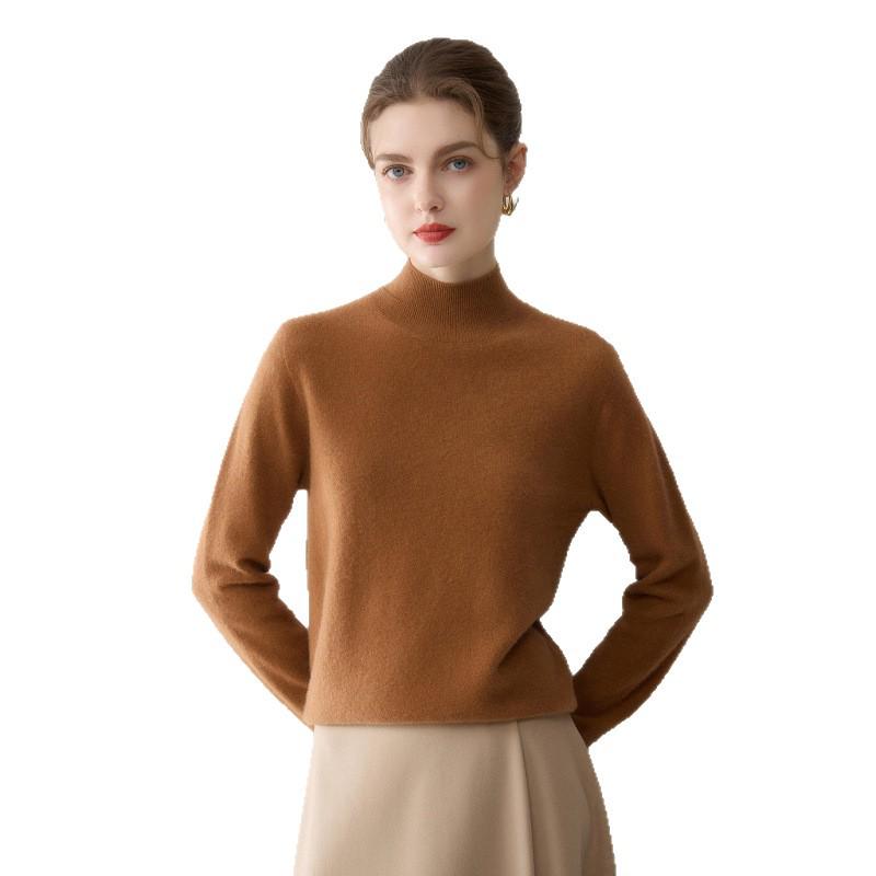 Women's 100% Cashmere Half-High Collar Sweater - Solid Color, Warm, Versatile Knit Top