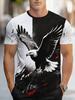 [Print Design - Not Textured /2D Printing] Ink Style Soaring Eagle Print Short Sleeve T-Shirt Men'S Black And White Splatter Bold Animal Casual Plus
