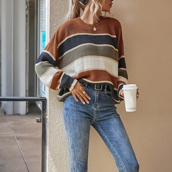 Women Sweater Round Neck Long Sleeve Knitted Tops Striped Print