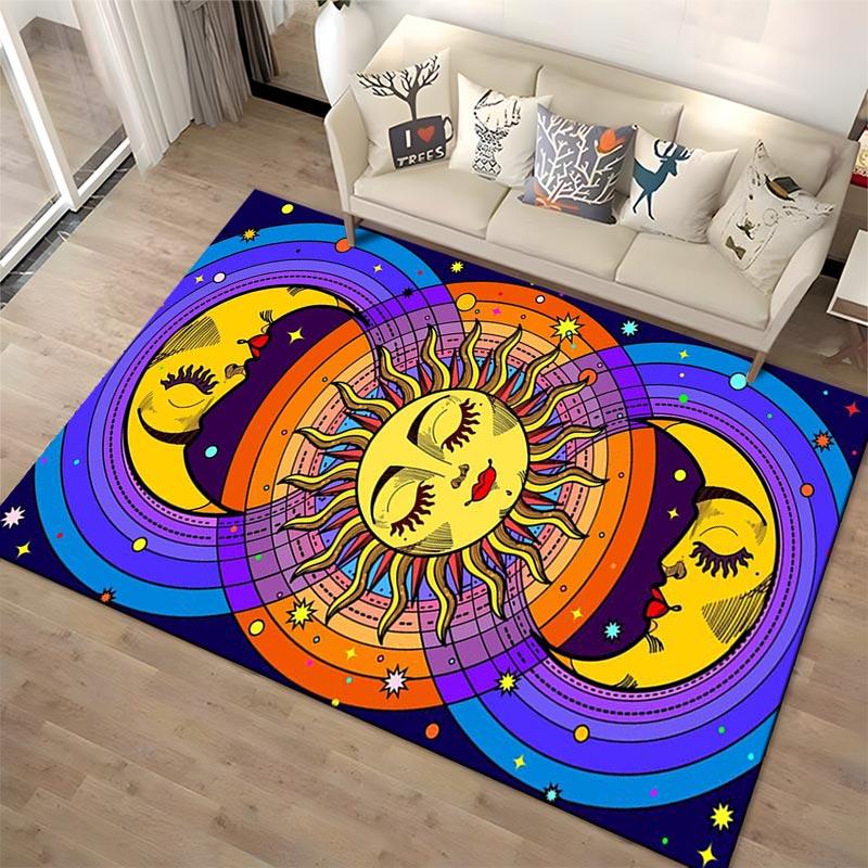 Colorful Sun and Moon Pattern Carpet with Psychedelic Boho Design Suitable for Use As an Anti-slip for Living Room Bedroom Sofas