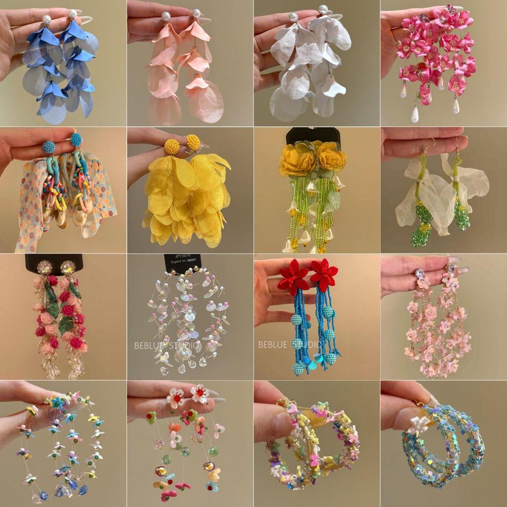 Colorful Dopamine Fabric Beaded Earrings – Women's Studs, Seaside Vacation Style, Ear Clips