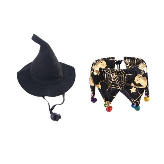 Halloweenský klobouk čarodějnice a set šály s bryndákem se vzorem lebky a pavučiny, obojek pro domácí mazlíčky se zvonkem a set klobouku čarodějnice/baretu dýně pro malé psy a kočky