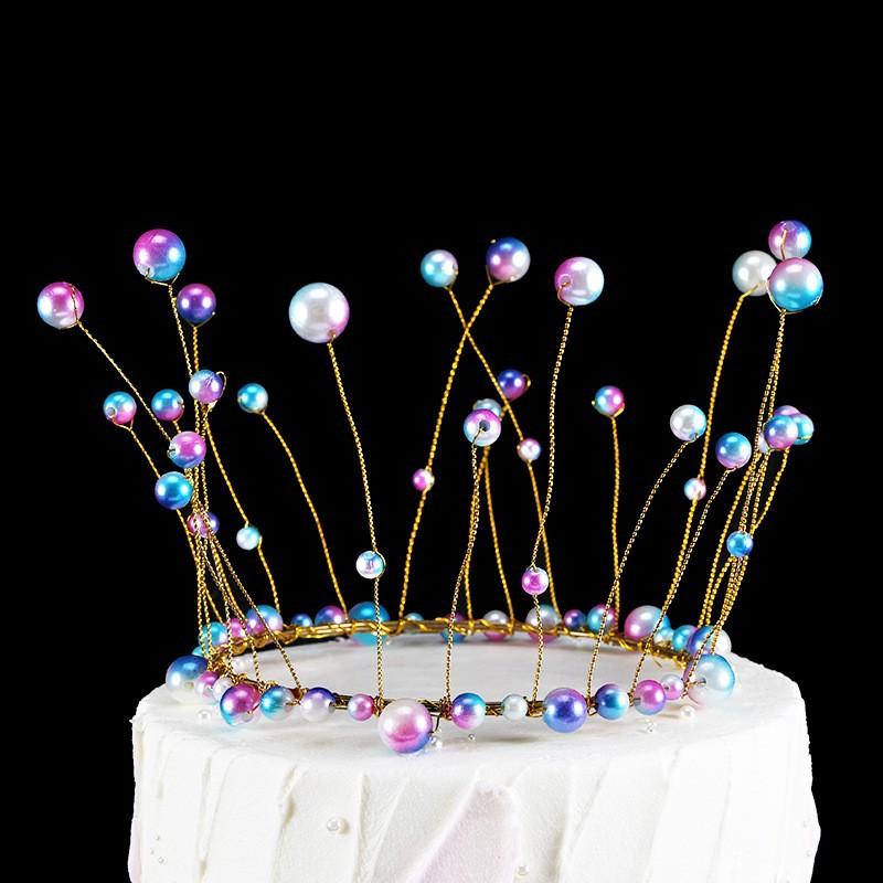 Crown Cake Decoration Highlight Seaweed Pearl Baking Round Tiara Birthday Party Accessories Hair Accessories Bridal