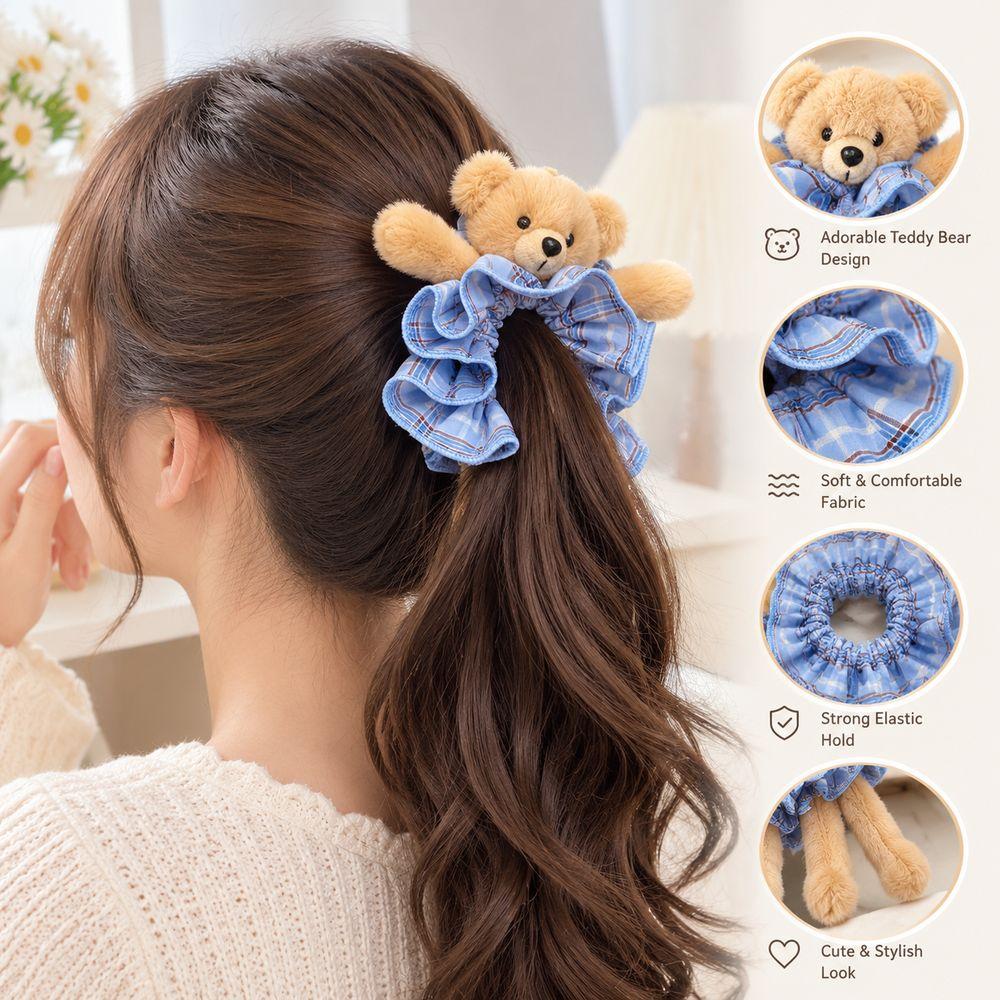 Gingham Plush Bear Scrunchie Scrunchie Hair Accessory Plush Hair Band Ear Fluffy Ponytail Holder