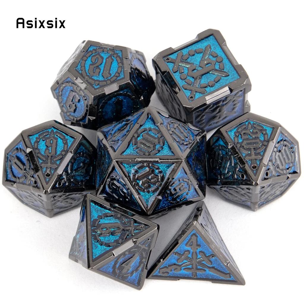 7 Pcs Blue Silver Double Swords Metal Dice Solid Polyhedral Dice Set Suitable For Role-Playing Dice PropBoard Game