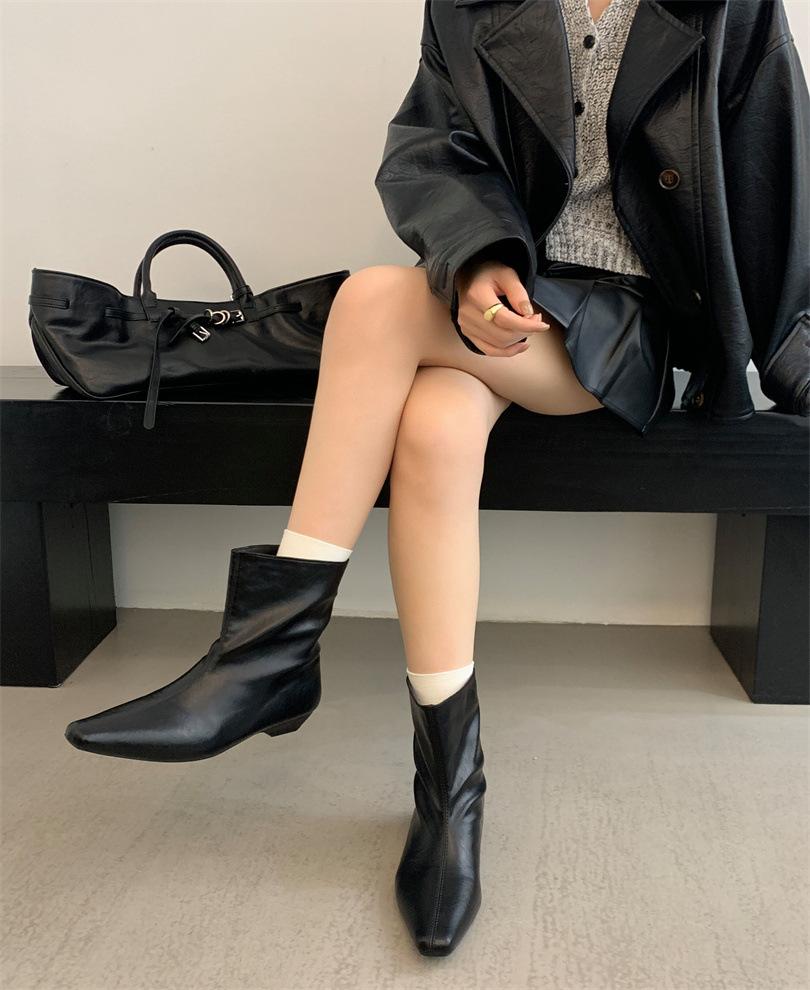 2025 Autumn Low Heel Boots Square Head Short Boots French Temperament Slope Heel Short Boots Solid Color Straight Boots