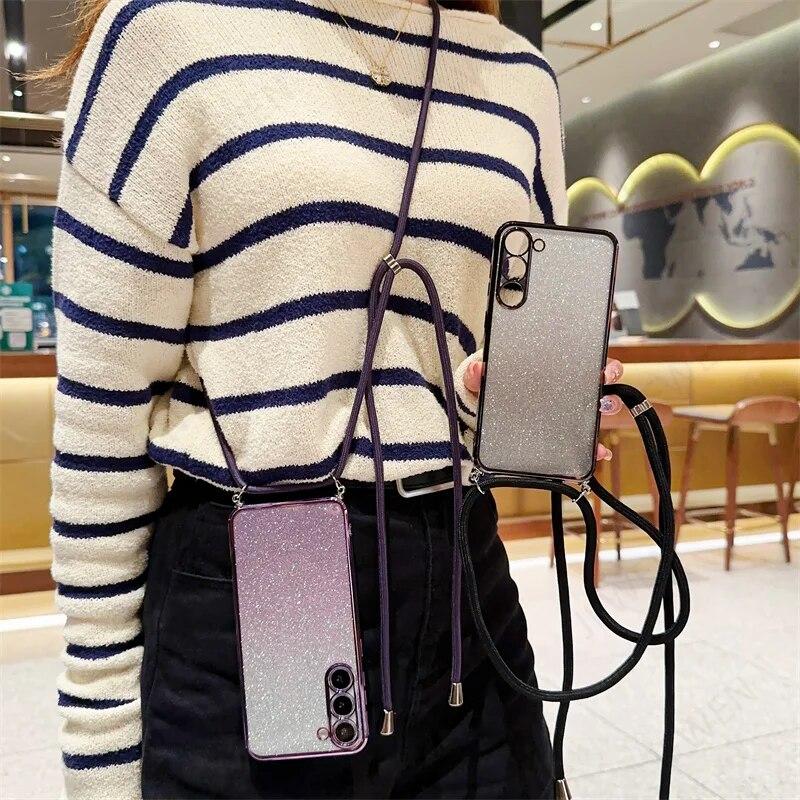 Crossbody Lanyard silikonové třpytivé pouzdro pro Samsung S24 S23 S22 Ultra S21 S20 FE A14 A24 A34 A54 A13 A23 A33 A53 A12 A32/Redmi Note 12 11 10