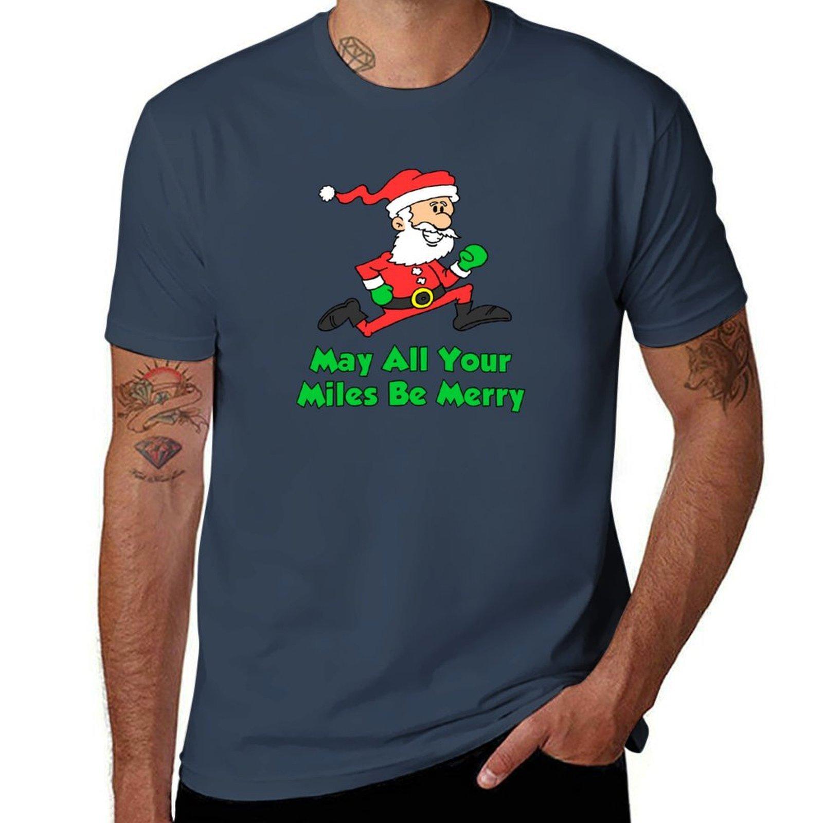 May All Your Miles Be Merry Running Santa Cartoon Tshirt Antifade Casual Tee Shirt S