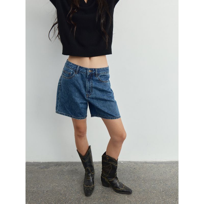 

A Door Basic American Style Distressed Lower Waist Level Demin shorts Megan Casual All-matching Summer New Cowboy Blue XS