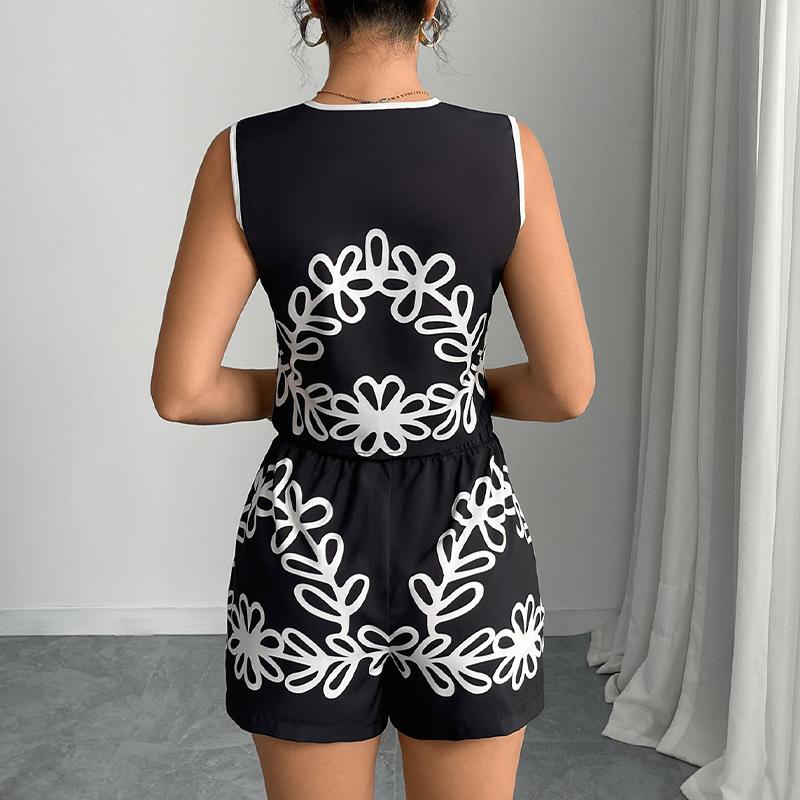 Women's 2 Piece Set Halter Vest & Shorts Summer Outfit Tropical Print Vacation Beach Suit