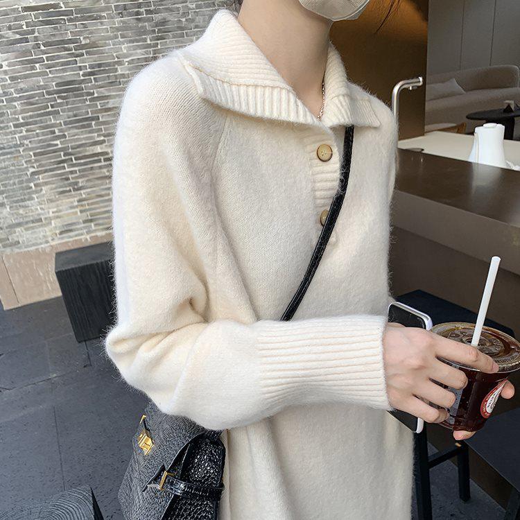 

French Style Turn-Down Collar Long-Sleeve Knitted Sweater Dress for Women - Sexy Autumn/Spring Inner Layer S (suggested for 85-100 jin)