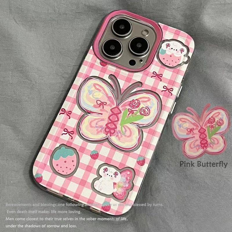 Doodle Suitable for Apple 16pro Butterfly Phone Case Iphone14 Space 15 Cute Pink and White Checkered Protective Case