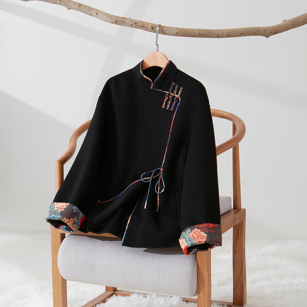 Buckle Design Sense Silk Contrasting Color Splicing Double-sided Nylon Wool Cashmere Women's Coat Coat Drape