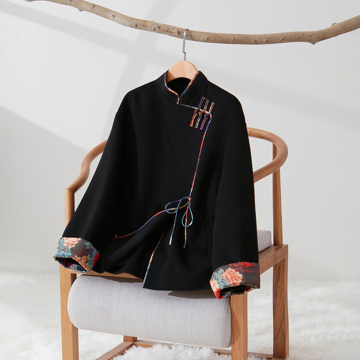 

Дизайнерская пряжка, шелк с контрастной отделкой, двухстороннее нейлоновое пальто из шерсти и кашемира, женское пальто с драпировкой L чёрный