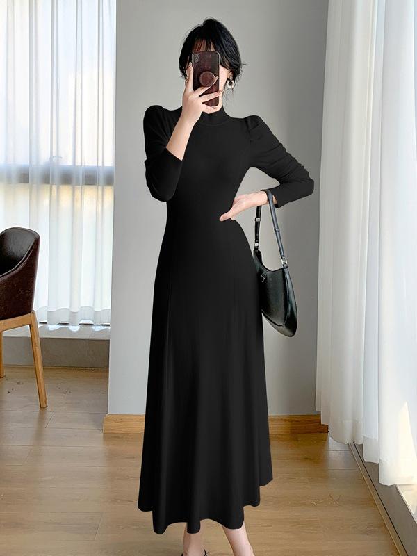 Autumn/Winter Long Wool Over-Knee Knit Dress with Semi-High Neck for Women