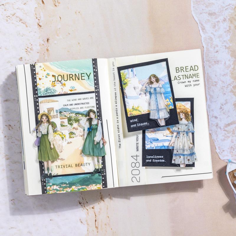 20 Sheets/pack Dual Material Self-Adhesive Sticker Book Cozy Journey Series Character Travel Theme Holiday Decoration