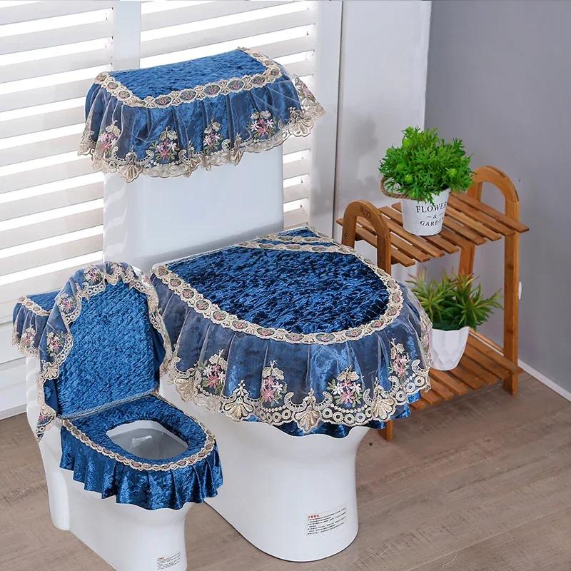3PCS Velvet Skirt Style Toilet Mat Embroidered Lace Decorated Toilet Seat Mat Printed Dust Cover of Toilet Closestool
