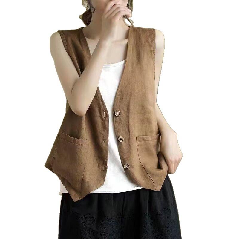 Damen Leinenweste Sommer Lässig Ärmellos Cardigan Jacke Locker Dünn Lässig Knopfweste Damen Streetwear Weste Mantel