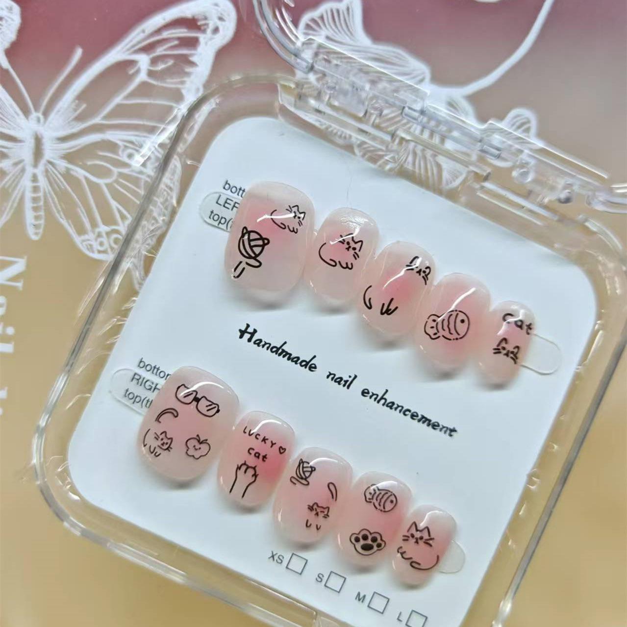 

Blush Graffiti Childlike Fun Cat Eye Cartoon Handmade Wearable False Nails Large L