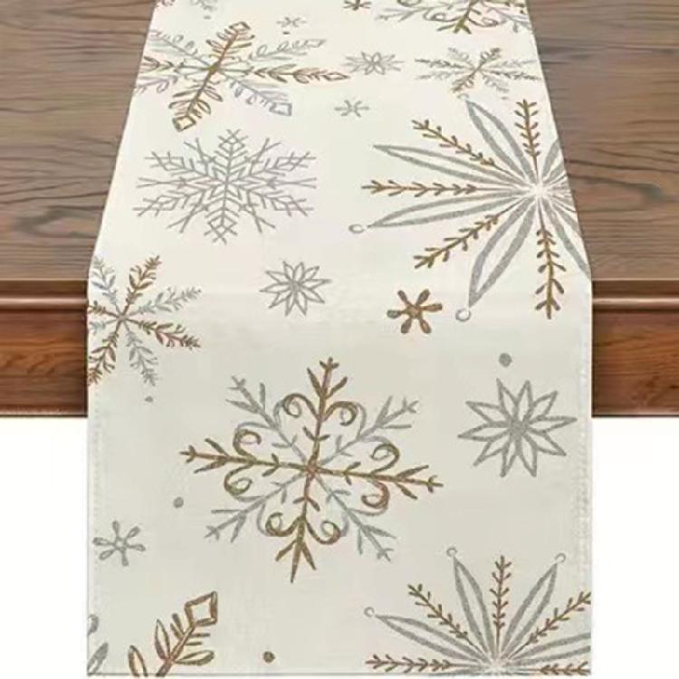 Snowflake Winter Table Runner Tablecloth in White Gold Linen for Seasonal Christmas and Holiday Table Setting Decoration