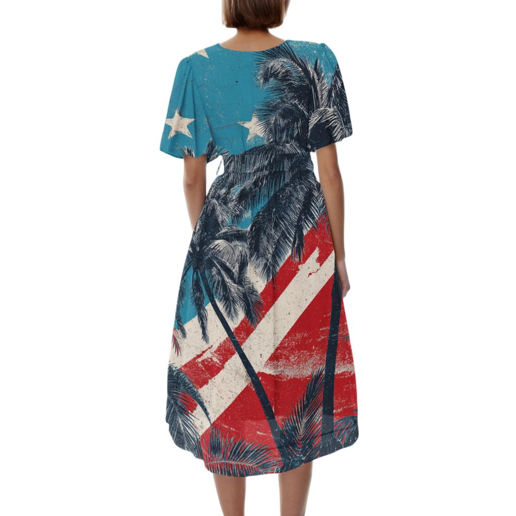 Women's Casual V-Neck Short-Sleeve Independence Day Print Dress