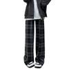 Women's Black & White Plaid Wide-Leg Trousers - Loose Fit, Floor-Length, Perfect for Spring/Autumn