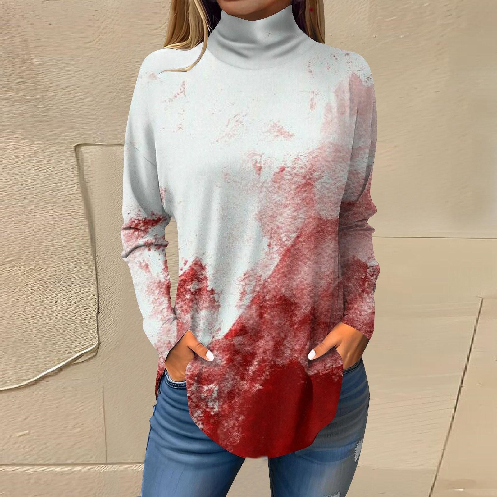 

Женская свободная футболка с высоким воротом и длинными рукавами, топ-пуловер на Хэллоуин L белый