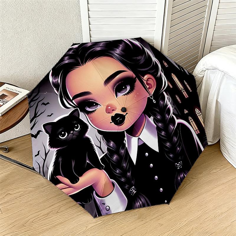 Gothic Cat 8 Ribs 3Fold Black Glue Uv Protection Umbrella Sun Protection Rainproof Compact Folding Umbrella For Travel Daily Use C923635