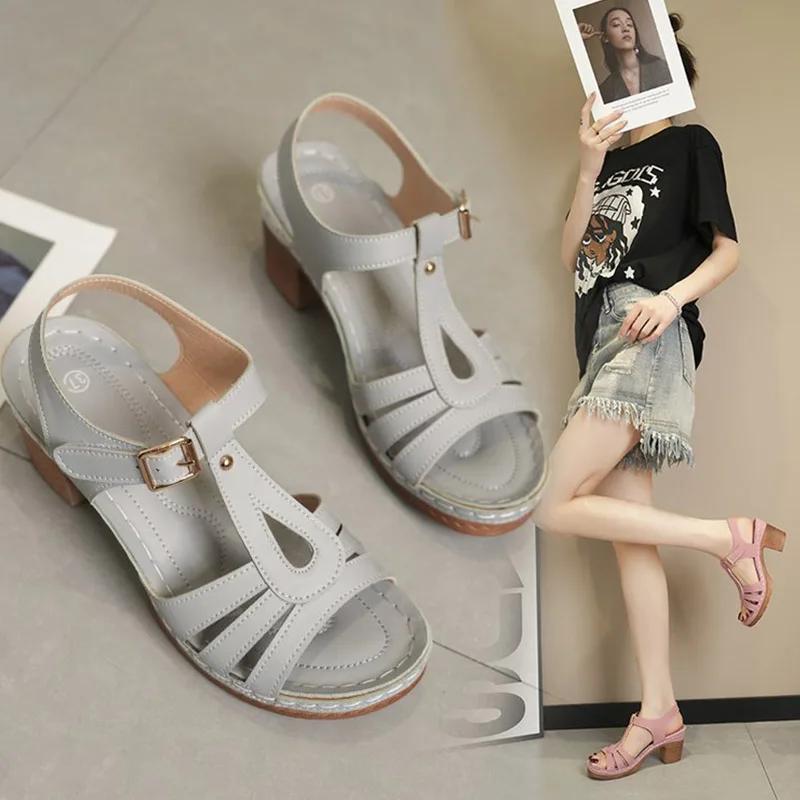 SyfIyno New Women's Metal Buckle Sewn Sandals Thick High Heels Comfortable Large Size 36-43
