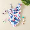 Girls' Floral One-Shoulder Swimsuit with Cute Print