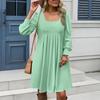 Women's Loose Square Neck Casual Long Sleeve Solid Color Pleated Dress