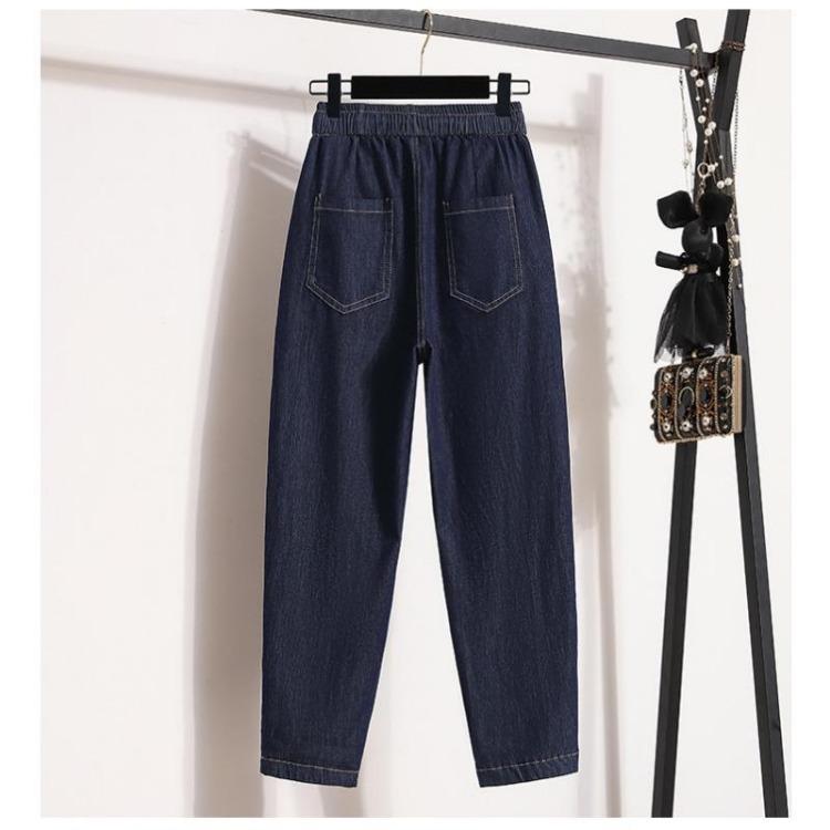 Plus Size High Waist Elastic Denim Jeans Women Loose Harem Casual Solid Trousers Long Pants 4XL