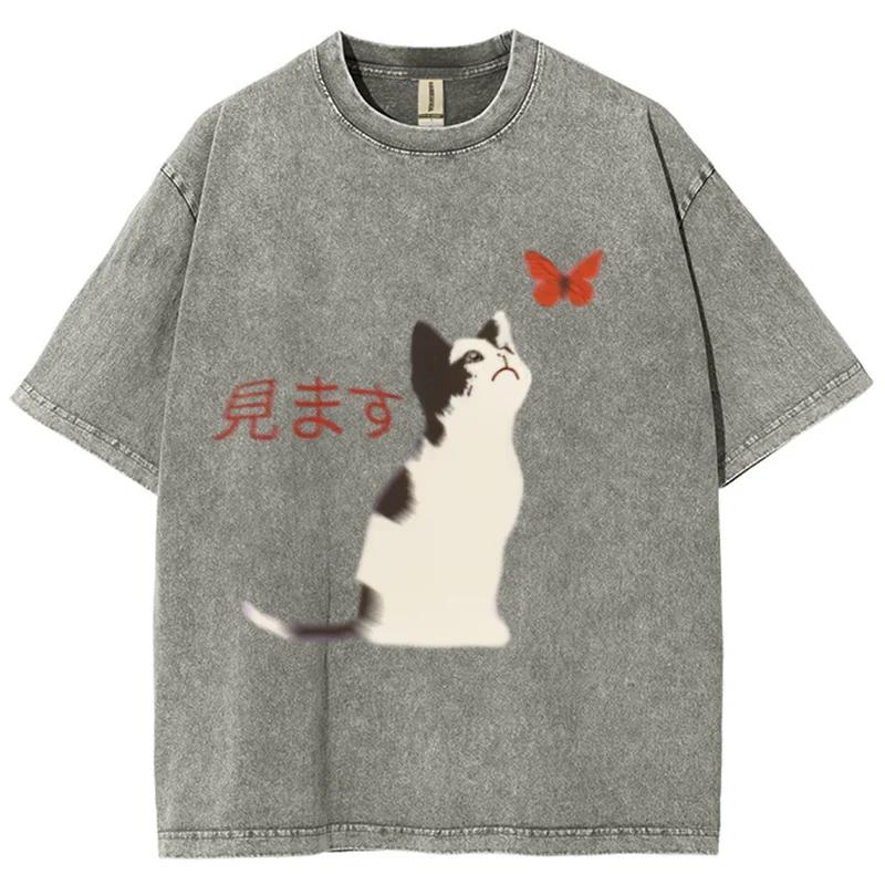 Fit Washed Oversized T-Shirt Casual Women Cotton Washed T-Shirts Summer Beach Simple Cat Print Streetwear Clothes
