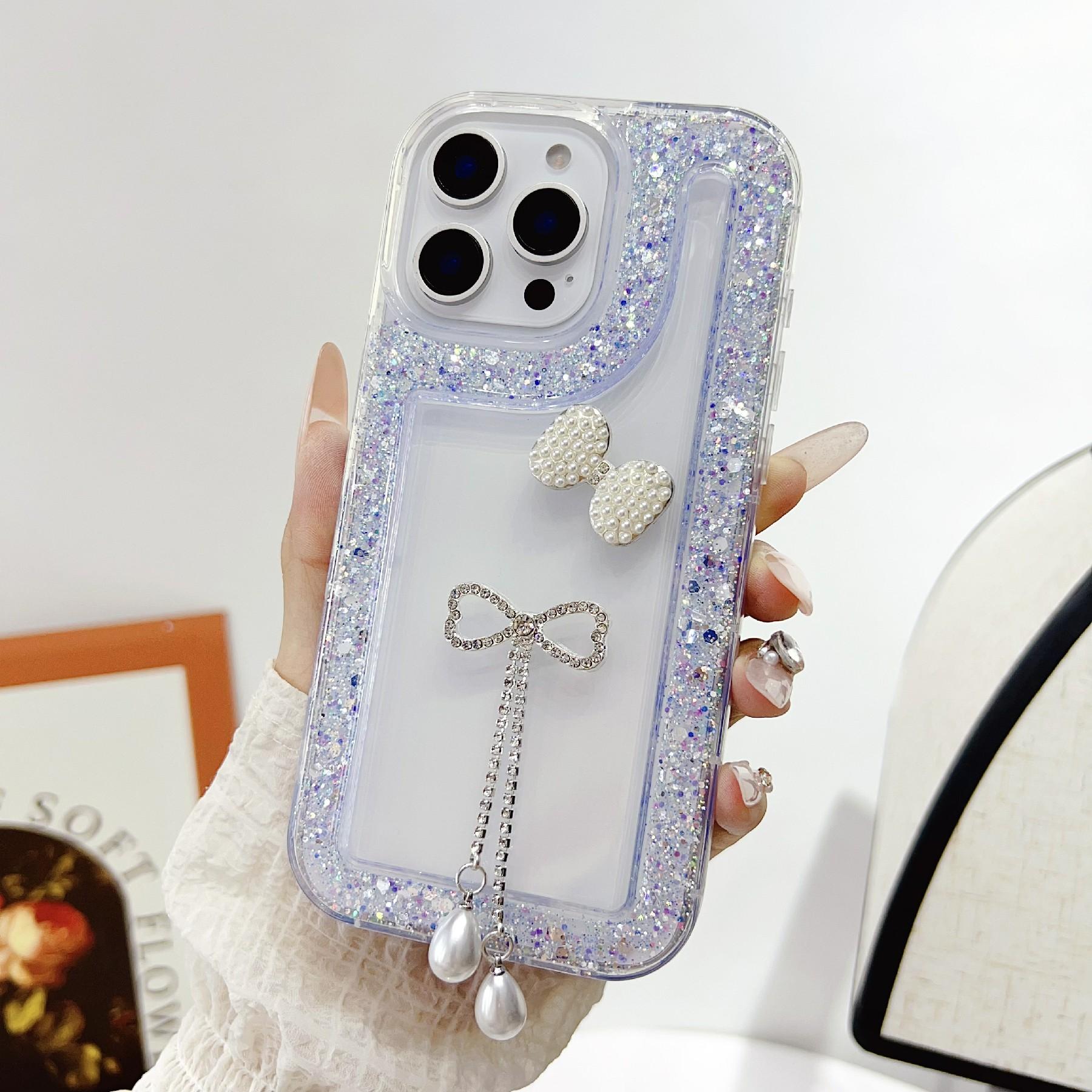 

For iPhone 16 Pro Case with Bow Decor Glitter Rhinestone Epoxy Design TPU Phone Cover Purple