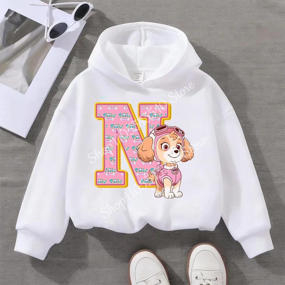 PAW Patrol Child White Long- Sleeve Hoodie Girls Skye Polyester Tops Cartoon 26 Letter Printed Pullover Children Birthday Gifts