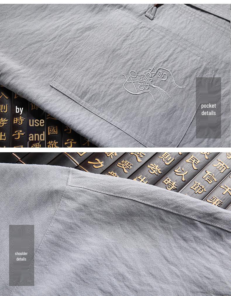 Men's Spring/Summer Tang Suit - Chinese Style Grandpa Shirt for Middle-Aged & Elderly, Thin Hanfu Dad Set