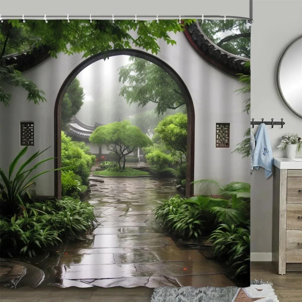 Chinese Style Shower Curtain Vintage Wood Board Garden Building Green Plant Bamboo Pattern Bathroom Decor Curtain Set