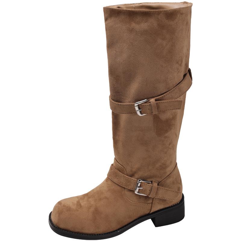 Fashion solid color retro suede cowboy boots women's 2025 autumn and winter new buckle tall thick heel thin fashion boots