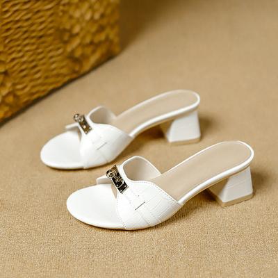 Summer Soft-soled H Slippers Beach Mid-heeled Sandals Small Gold Buckle Open-toe Slippers Women's Casual One-word Drag
