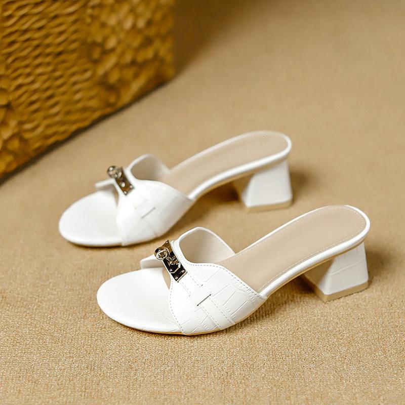 Summer Soft-soled H Slippers Beach Mid-heeled Sandals Small Gold Buckle Open-toe Slippers Women's Casual One-word Drag