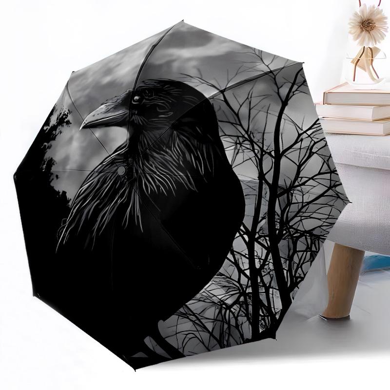 Stained Glass Raven Automatic Umbrella Sturdy 8-Rib Shaft Durable Plastic & Iron for Women/Men Elegant Umbrella Stylish Gift for Women