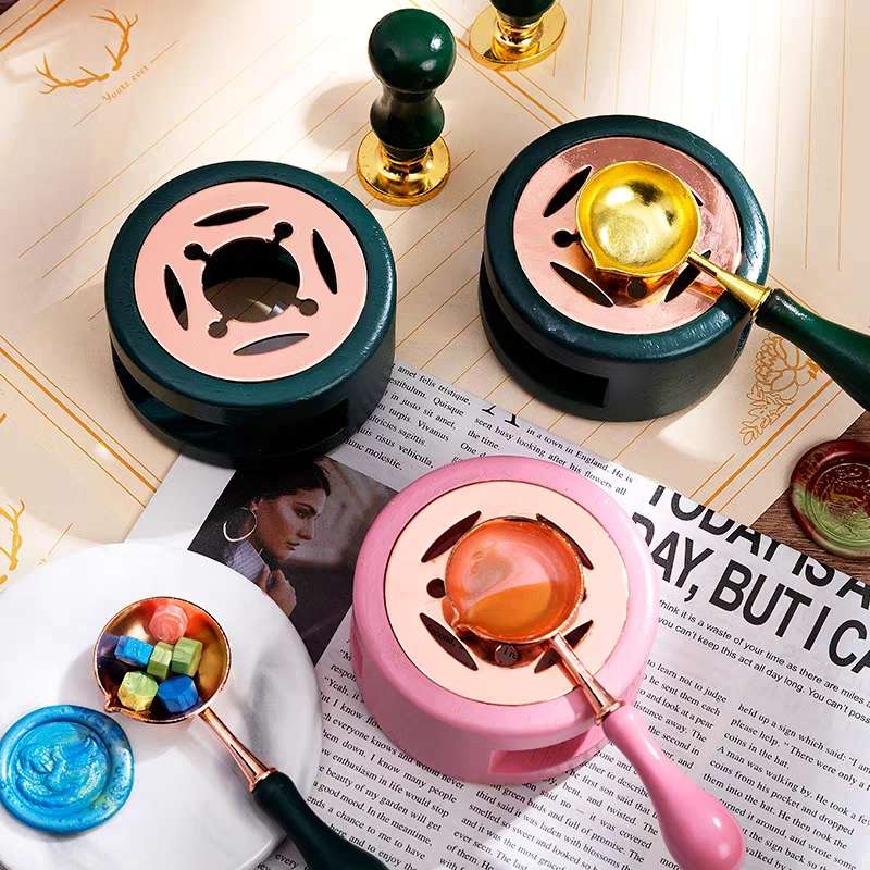 1set Lacquer Seal Furnace With Spoon Hollowed Out Circle Metal Sheet Wood For Stamping Lacquer Wax Melting Tool