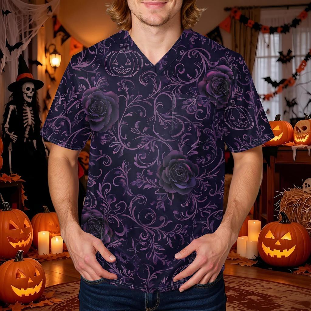 Men's Halloween Print V-Neck Scrub Top with Pockets Comfort Fit for Daily Work
