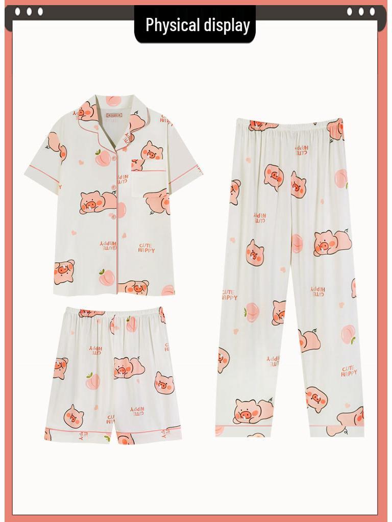 Pastoral Women's Pajama Set: Soft, Cute Rabbit Design, Short-Sleeve, Casual Three-Piece Loungewear.