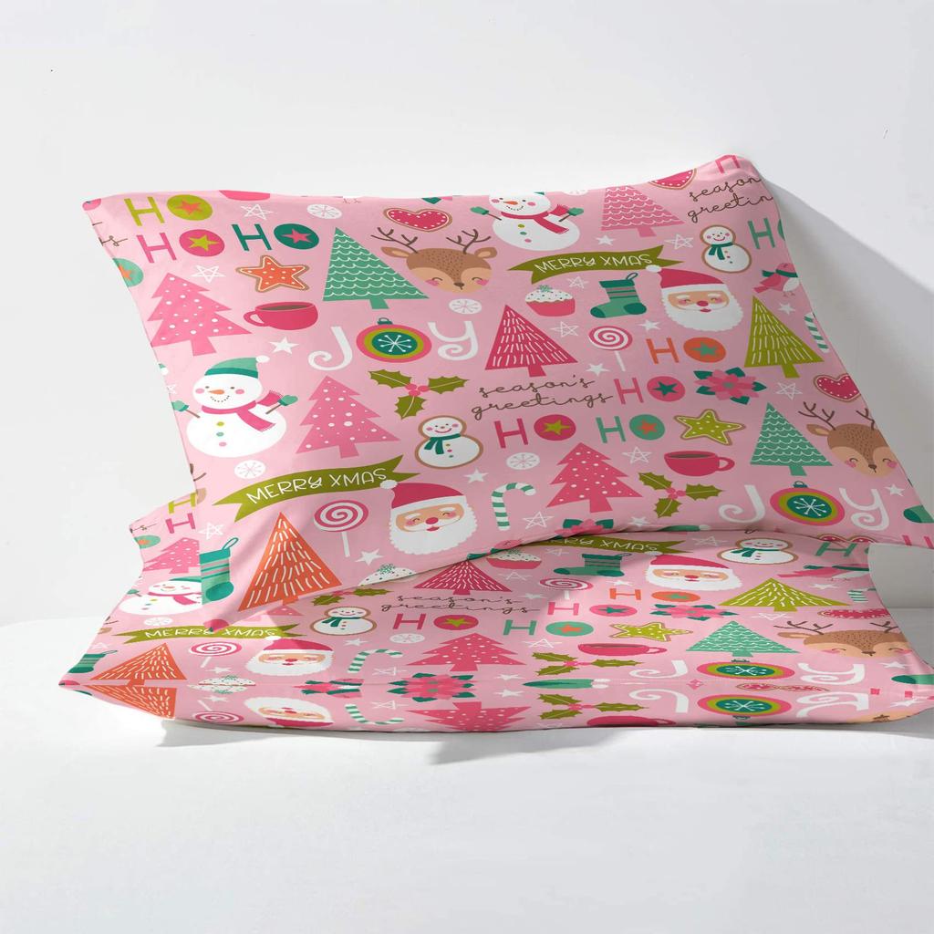 Pink Christmas Three-Piece Digital Printing Bedding Set Cartoon Santa Bed Cover